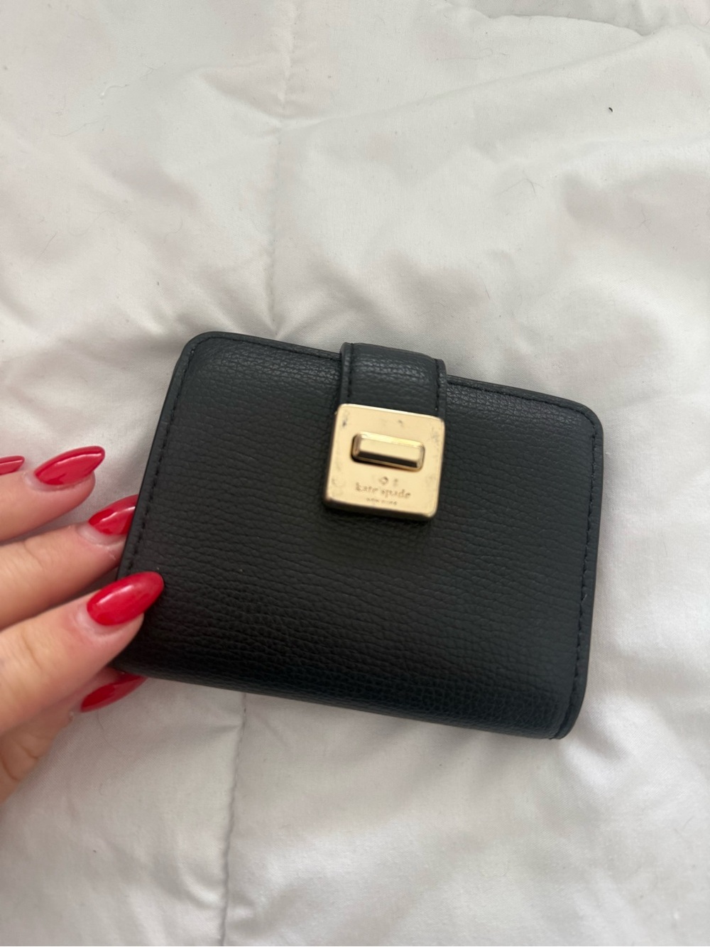 kate spade Black Leather Compact Wallet with Gold Accent